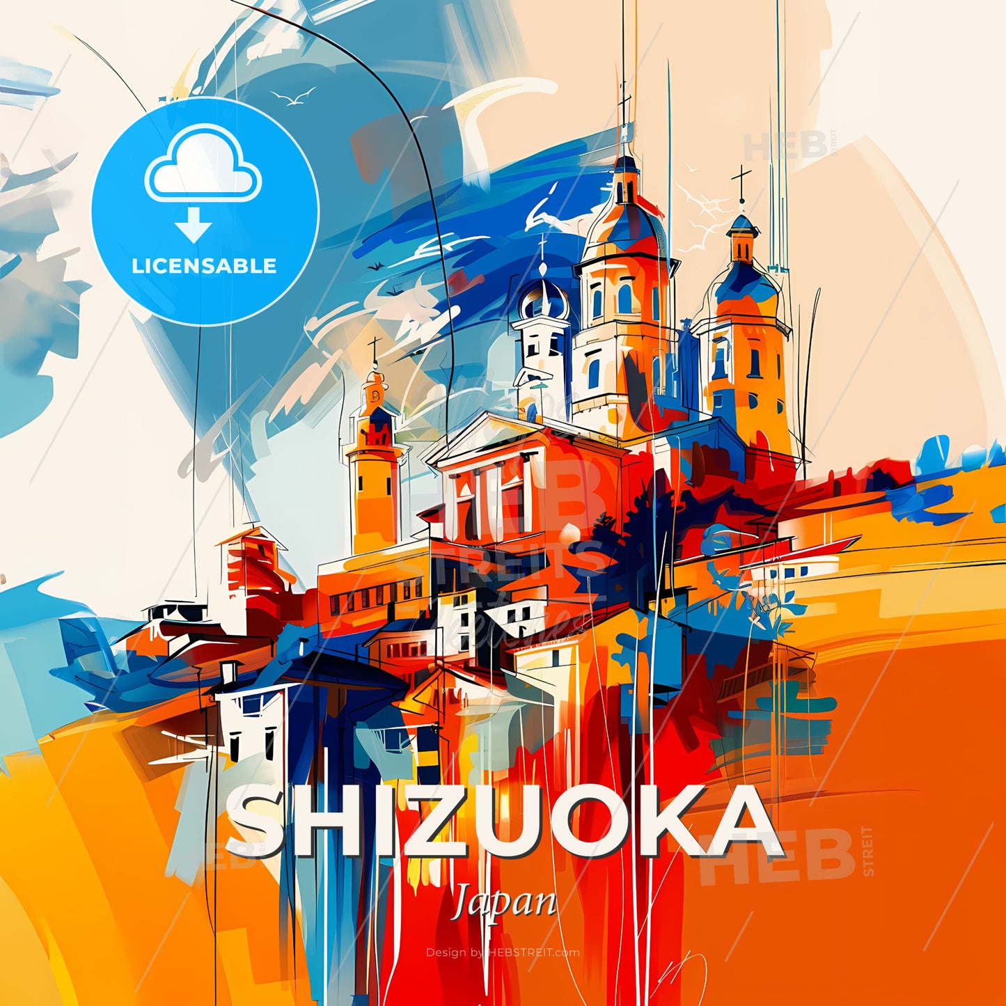Vibrant Shizuoka, Japan - A Painting Of A Building With Towers And A Blue Sky - Square format print template
