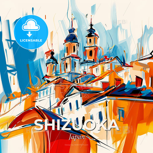 Vibrant Shizuoka, Japan - A Painting Of A Building With Towers - Square format print template