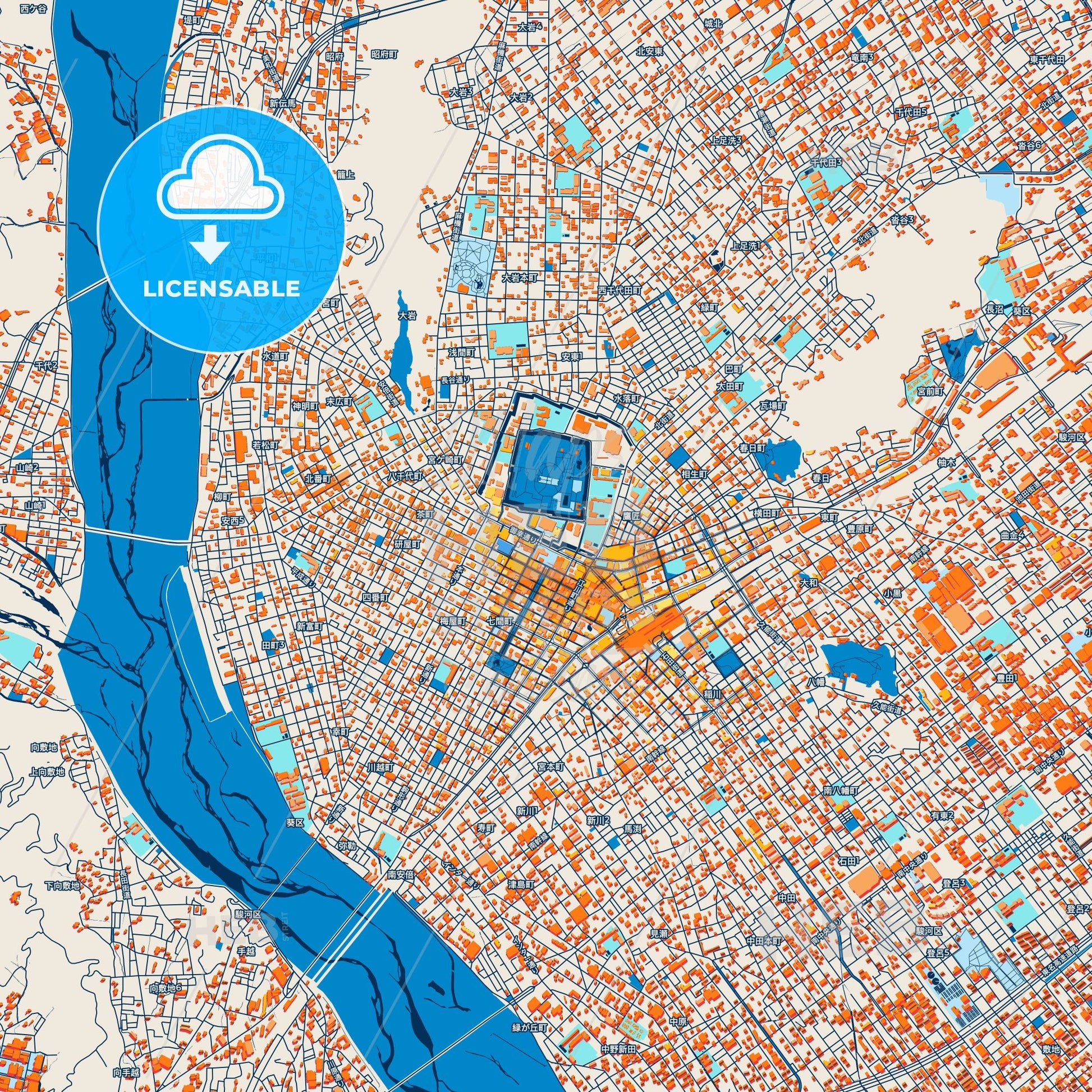 Colorful Shizuoka Street Map with Labels and Buildings