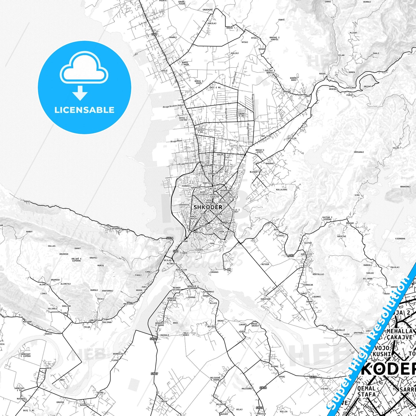 Shkodër, Albania light map with streetnames, citynames and districts