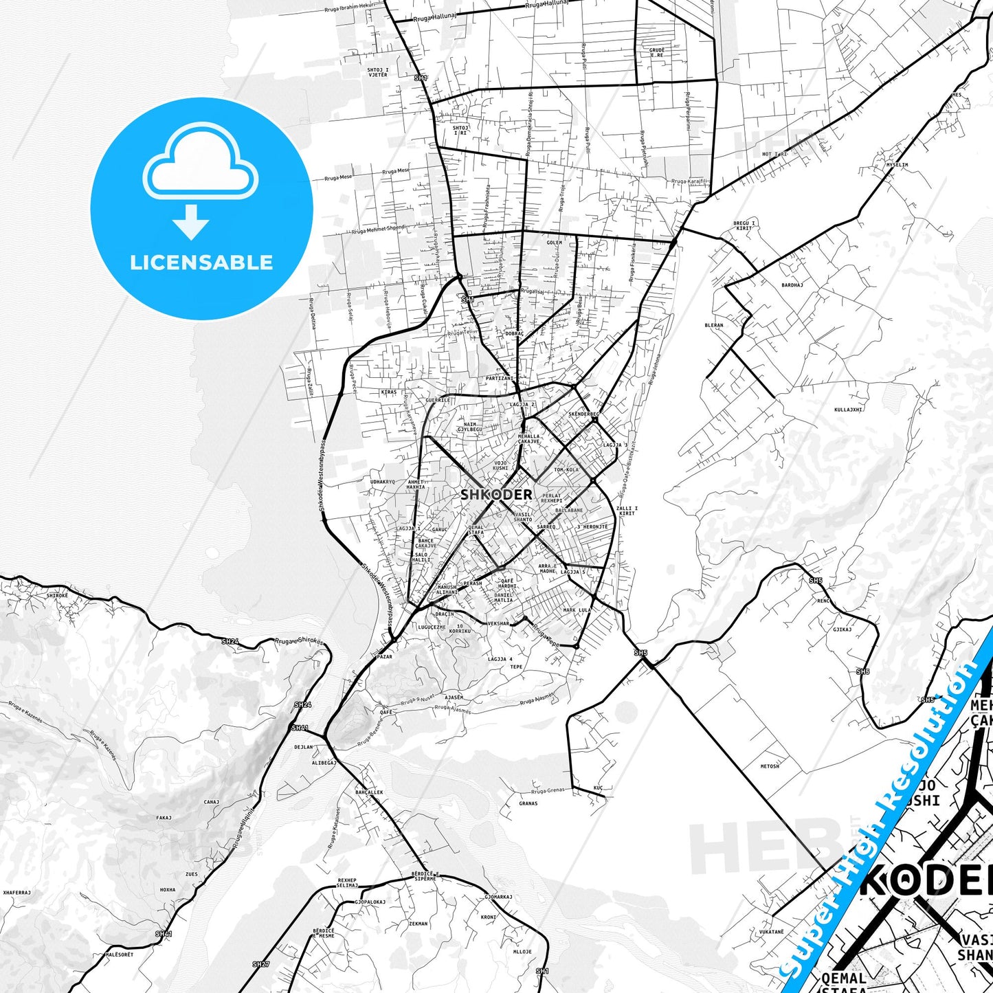 Shkodër, Albania Light Map with Street Names, City Names, and Districts