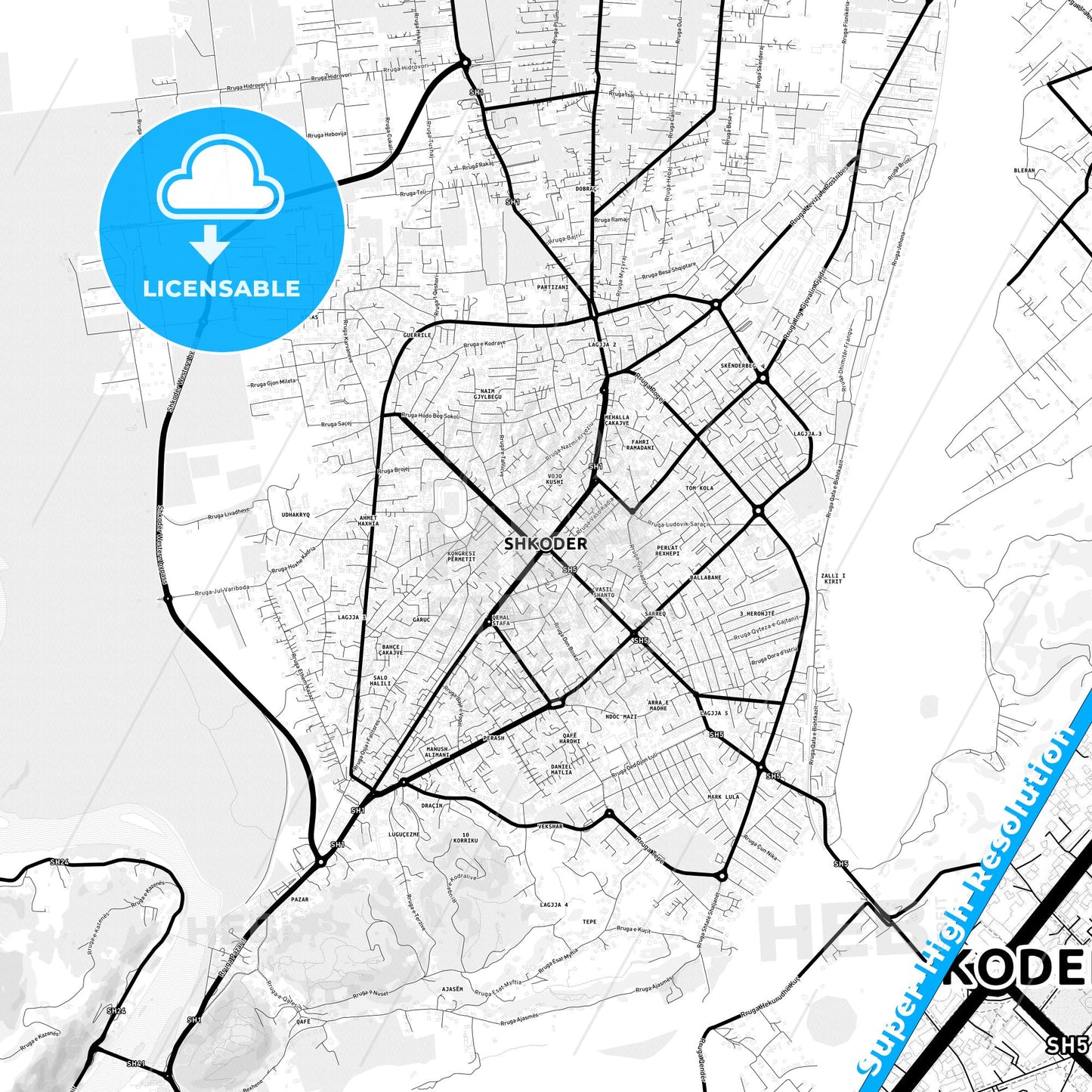 Shkodër, Albania Light Map with Street Names, City Names, and Districts