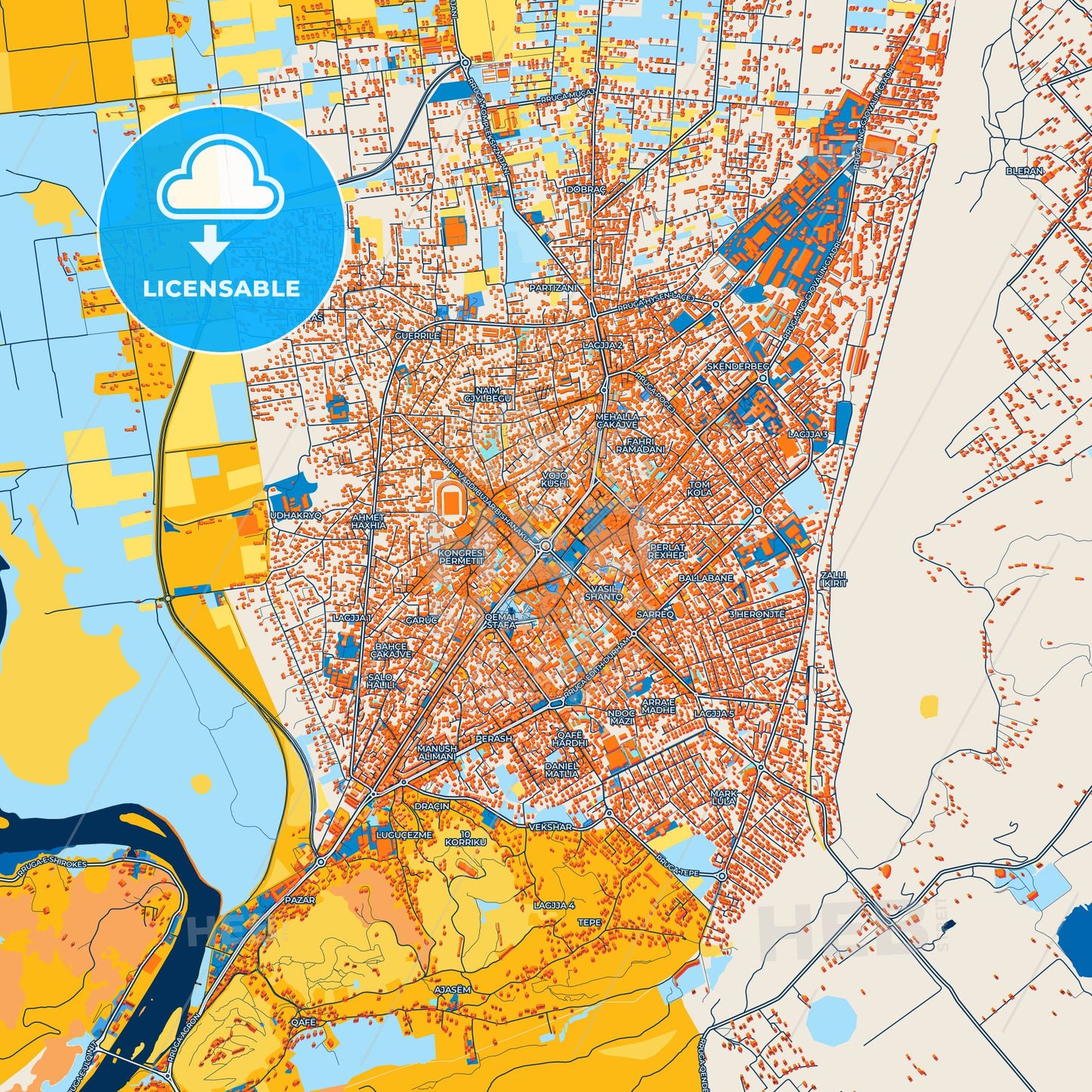 Colorful Shkodër Street Map with Labels and Buildings