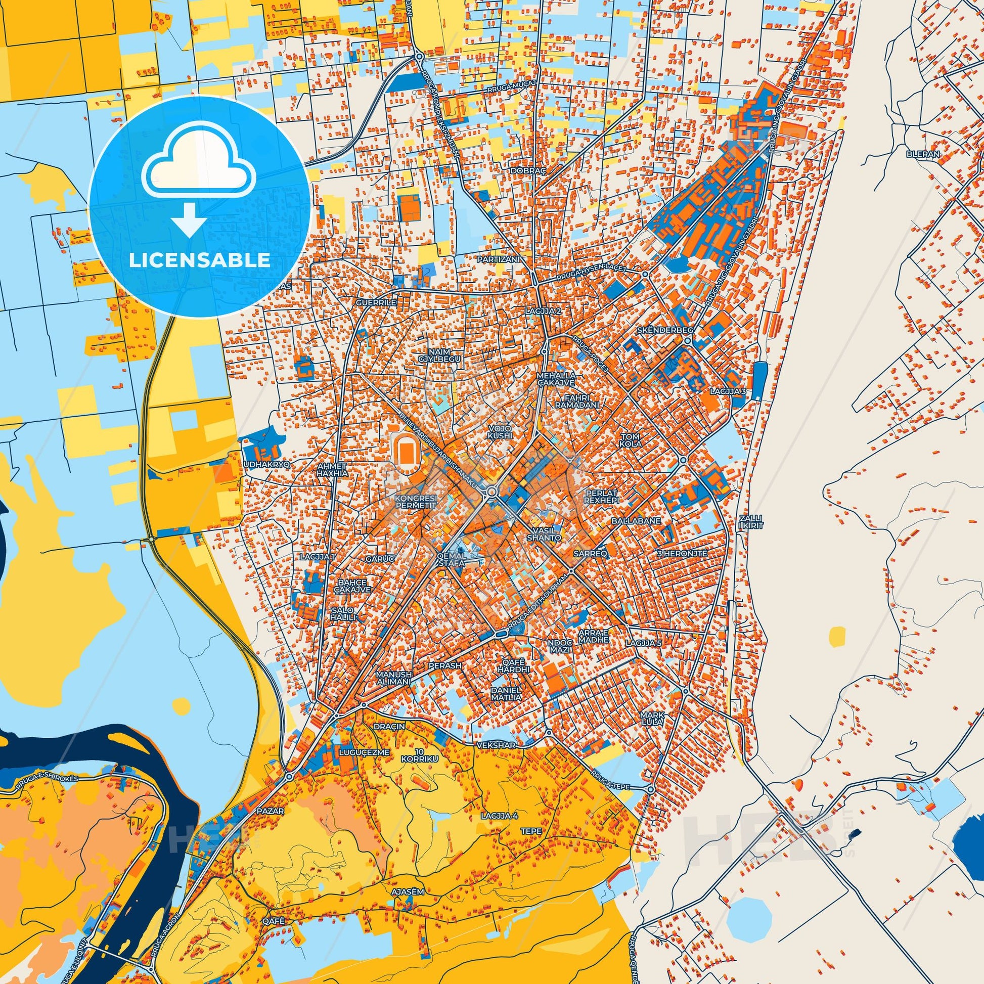 Colorful Shkodër Street Map with Labels and Buildings