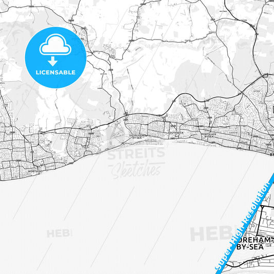 Shoreham-by-Sea, England light map with streetnames, citynames and districts