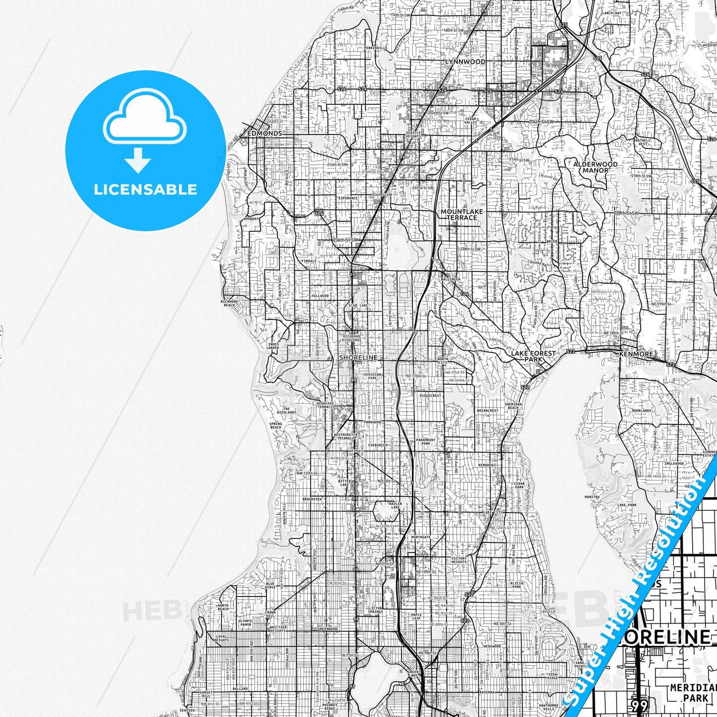Shoreline, Washington light map with streetnames, citynames and districts