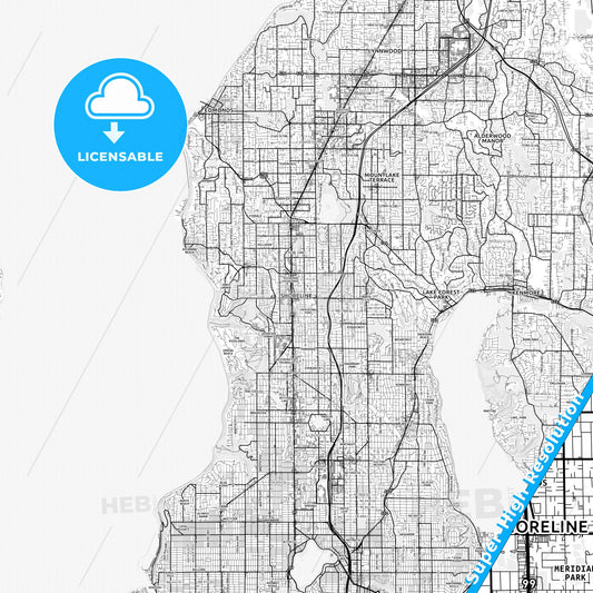 Shoreline, Washington light map with streetnames, citynames and districts