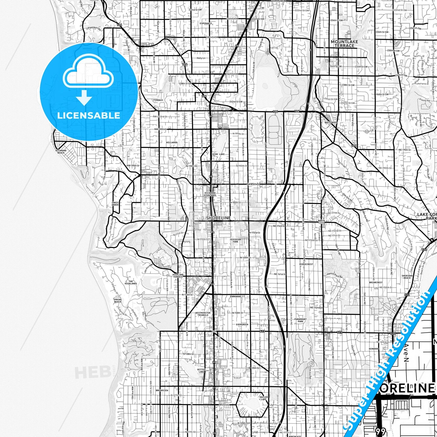 Shoreline, Washington Light Map with Street Names, City Names, and Districts