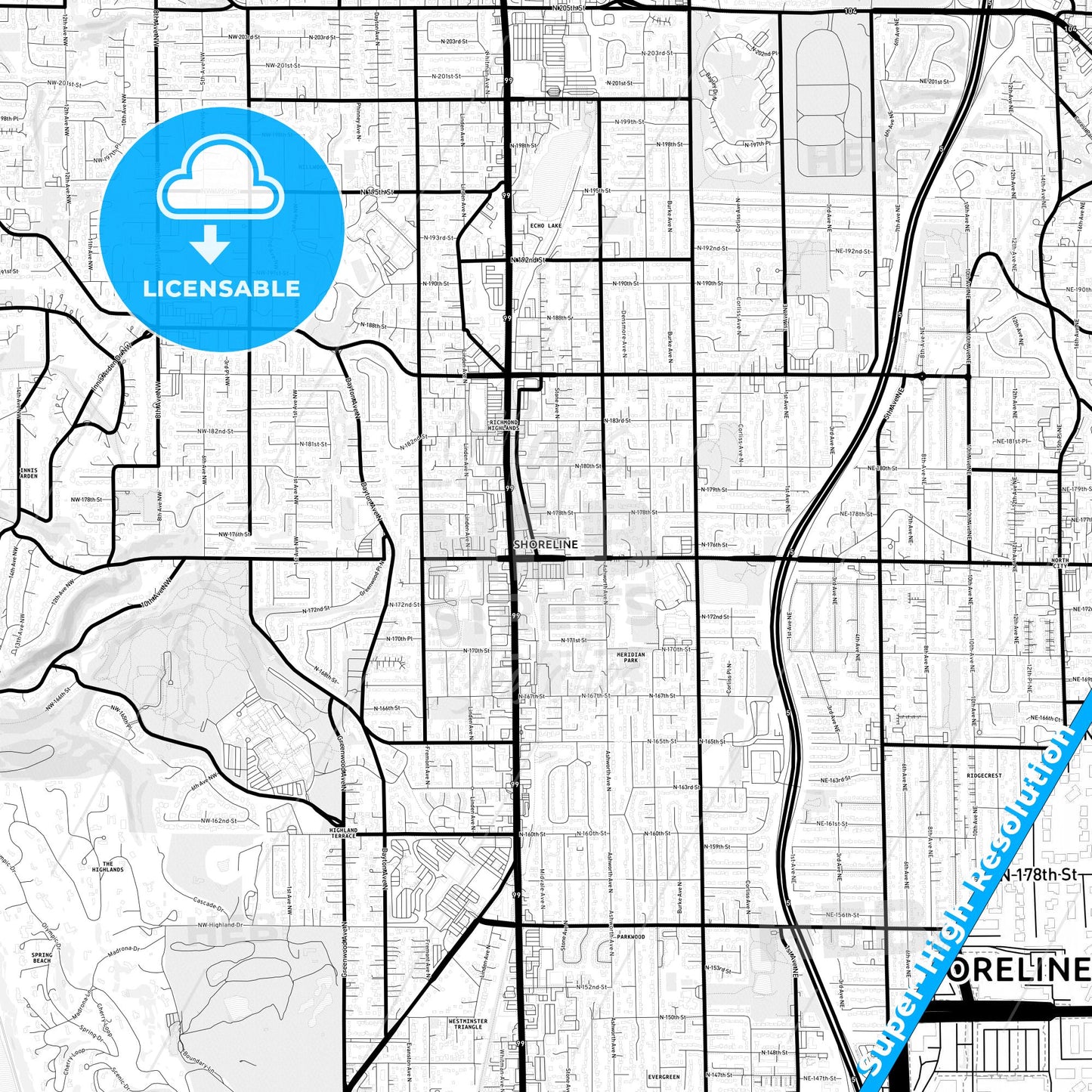 Shoreline, Washington Light Map with Street Names, City Names, and Districts