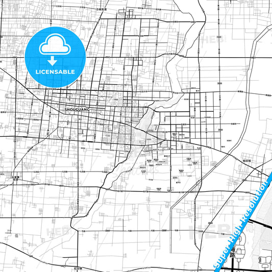 Shouguang, China light map with streetnames, citynames and districts