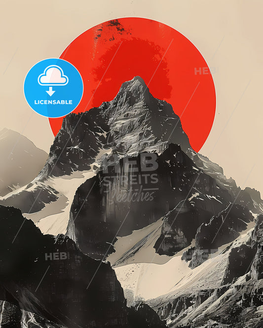 Tranquil Mountain Serenity: Japanese Abstract Digital Collage Showcasing Geometric Circle and Crimson Red Summit