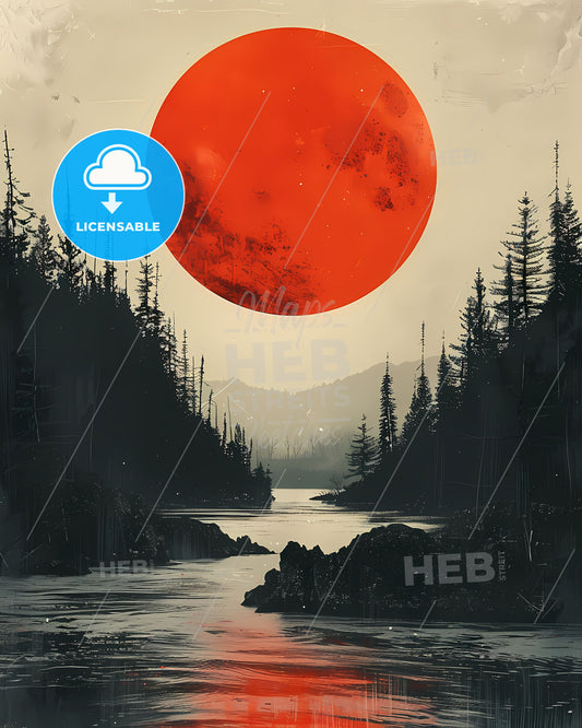 Minimalist Forest Landscape Album Cover with Red Moon and River, Digital Art