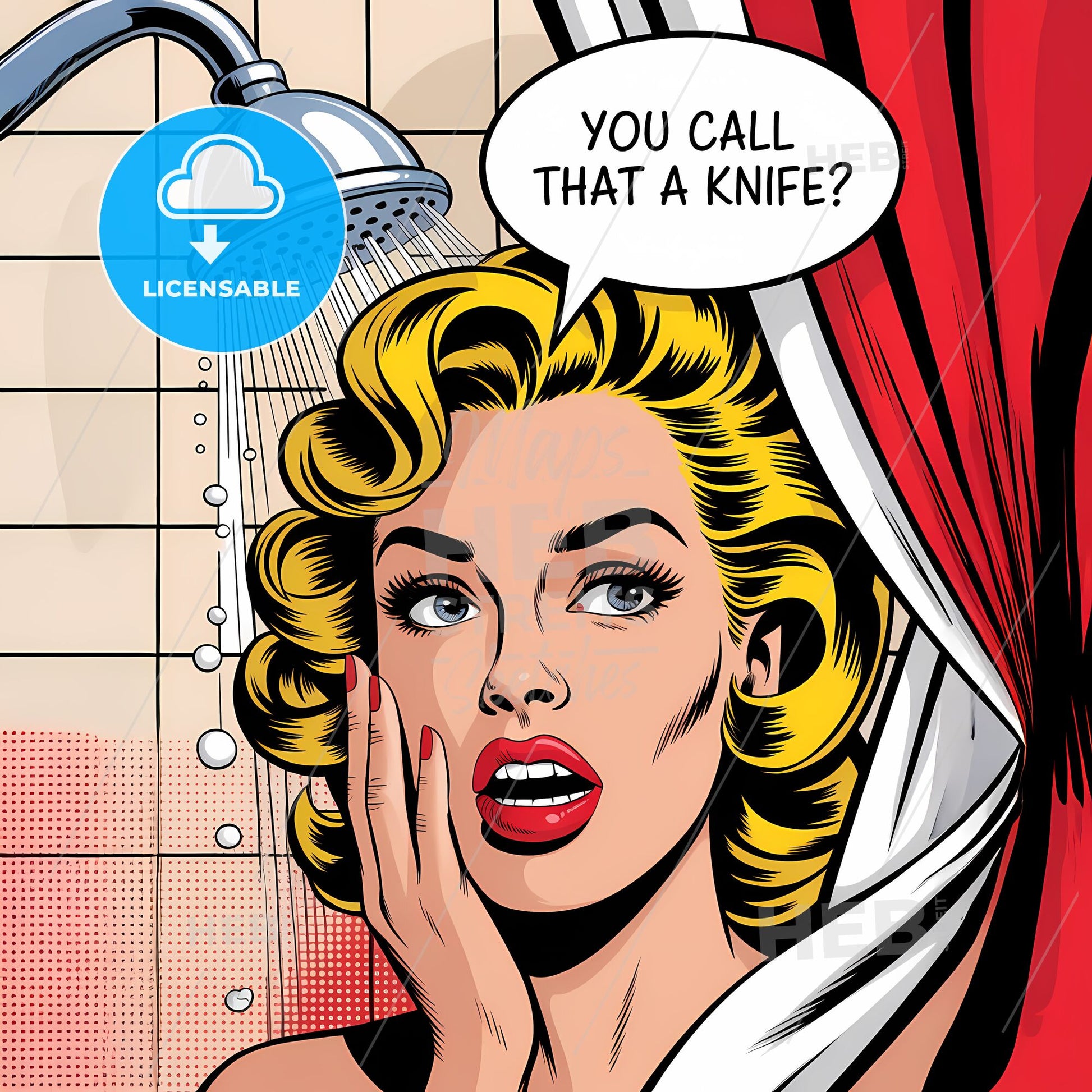 Shower Shock: A Bold Pop Art Affair in Monochrome and Red