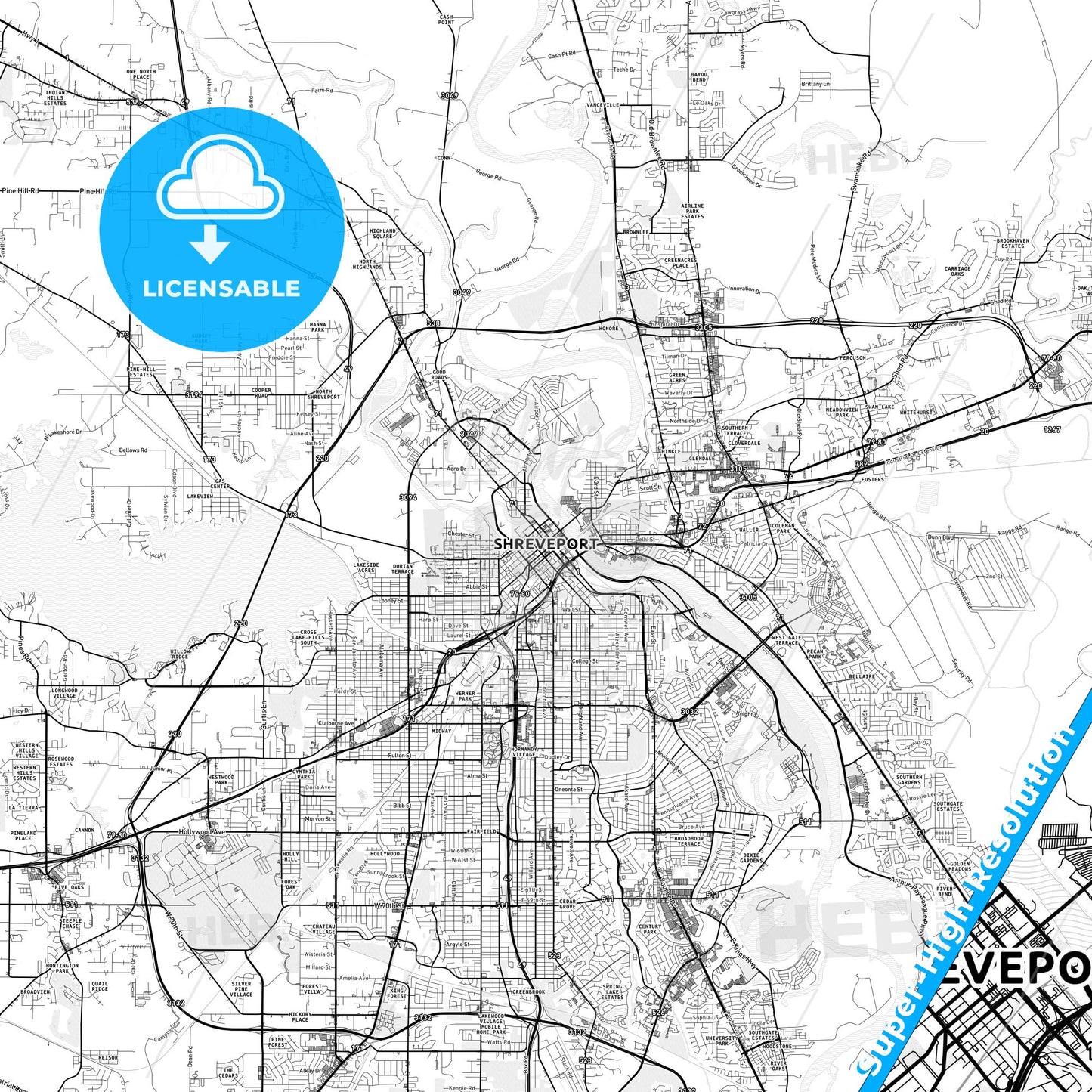 Shreveport, Louisiana light map with streetnames, citynames and districts