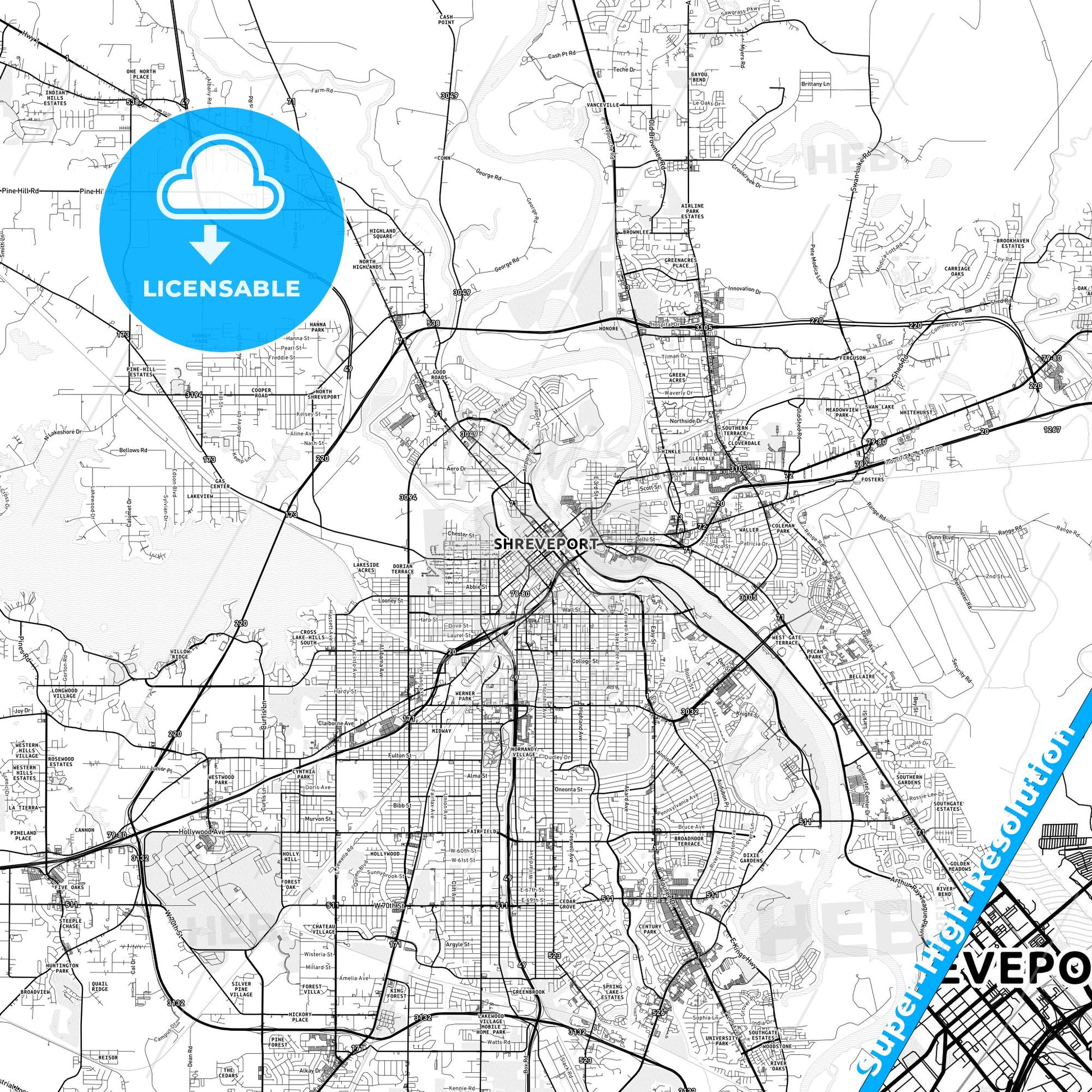 Shreveport, Louisiana light map with streetnames, citynames and districts