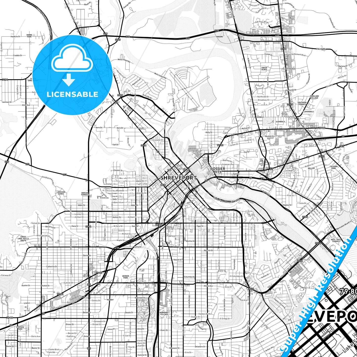 Shreveport, Louisiana Light Map with Street Names, City Names, and Districts