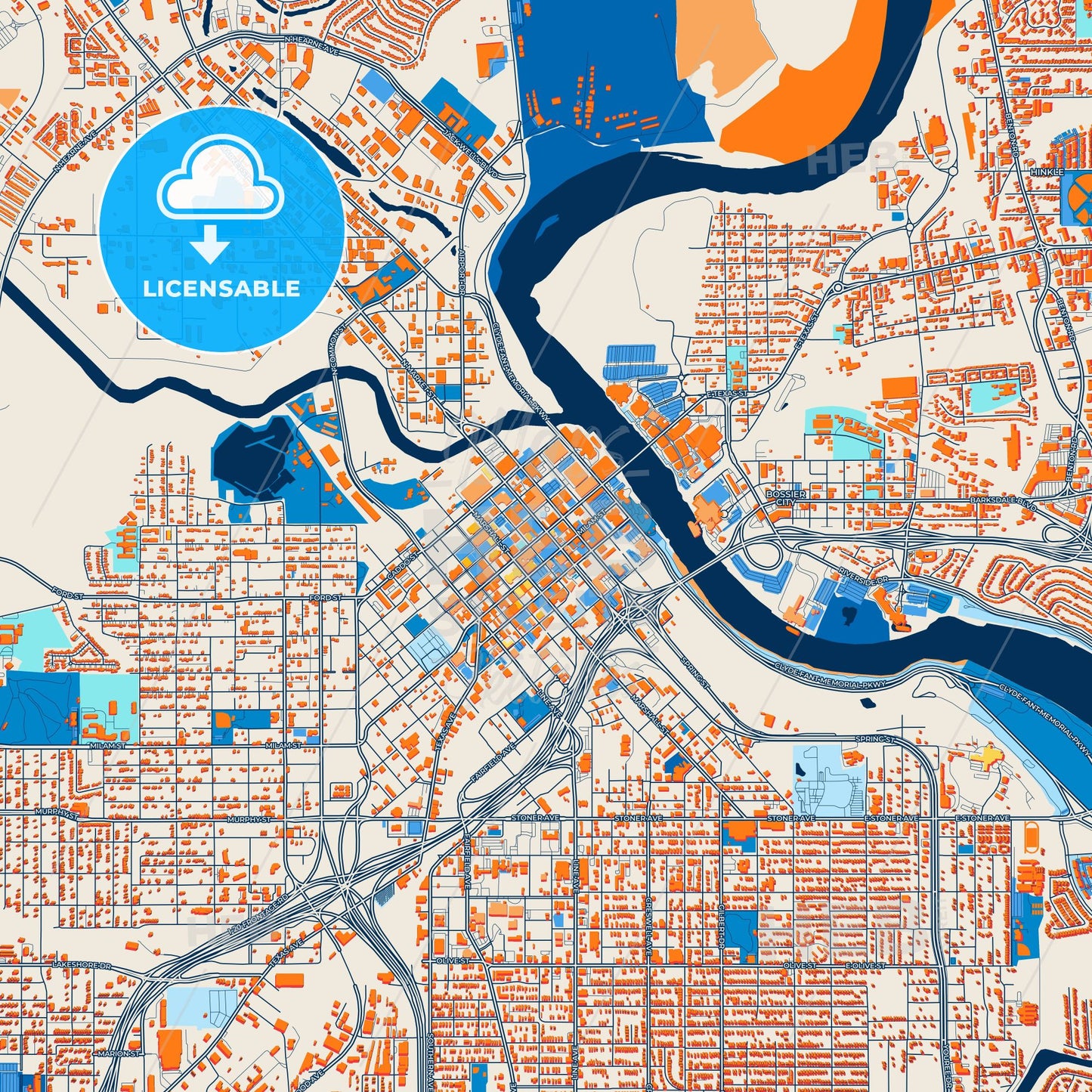 Colorful Shreveport Street Map with Labels and Buildings