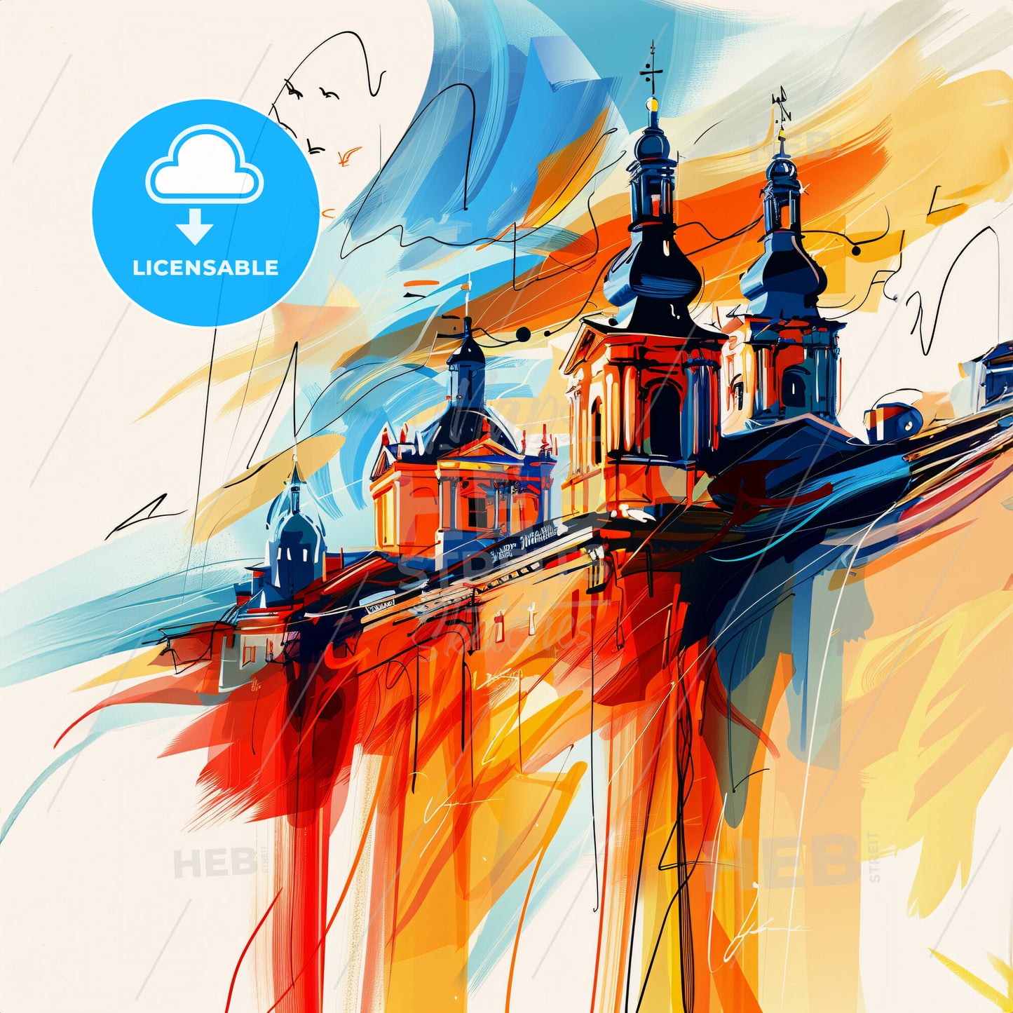 Vibrant Shrewsbury, England - A Painting Of A Building With Towers