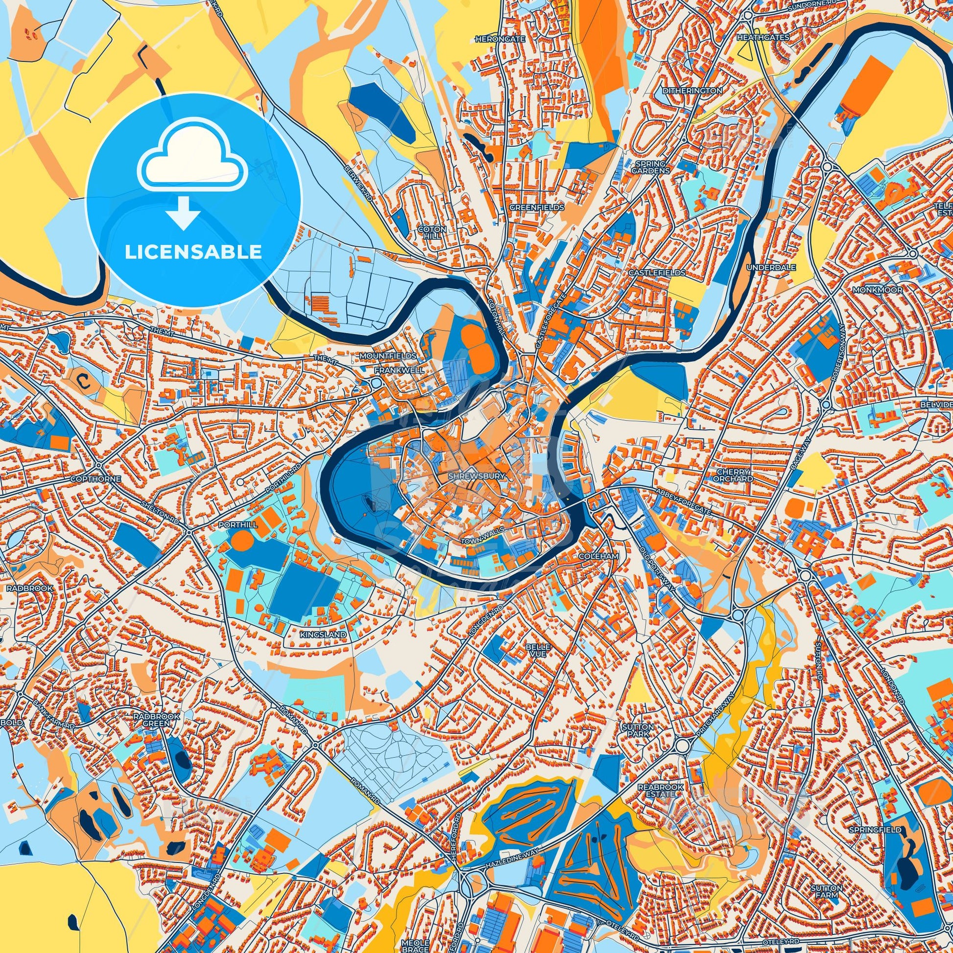 Colorful Shrewsbury Street Map with Labels and Buildings