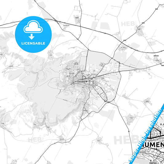 Shumen, Bulgaria light map with streetnames, citynames and districts