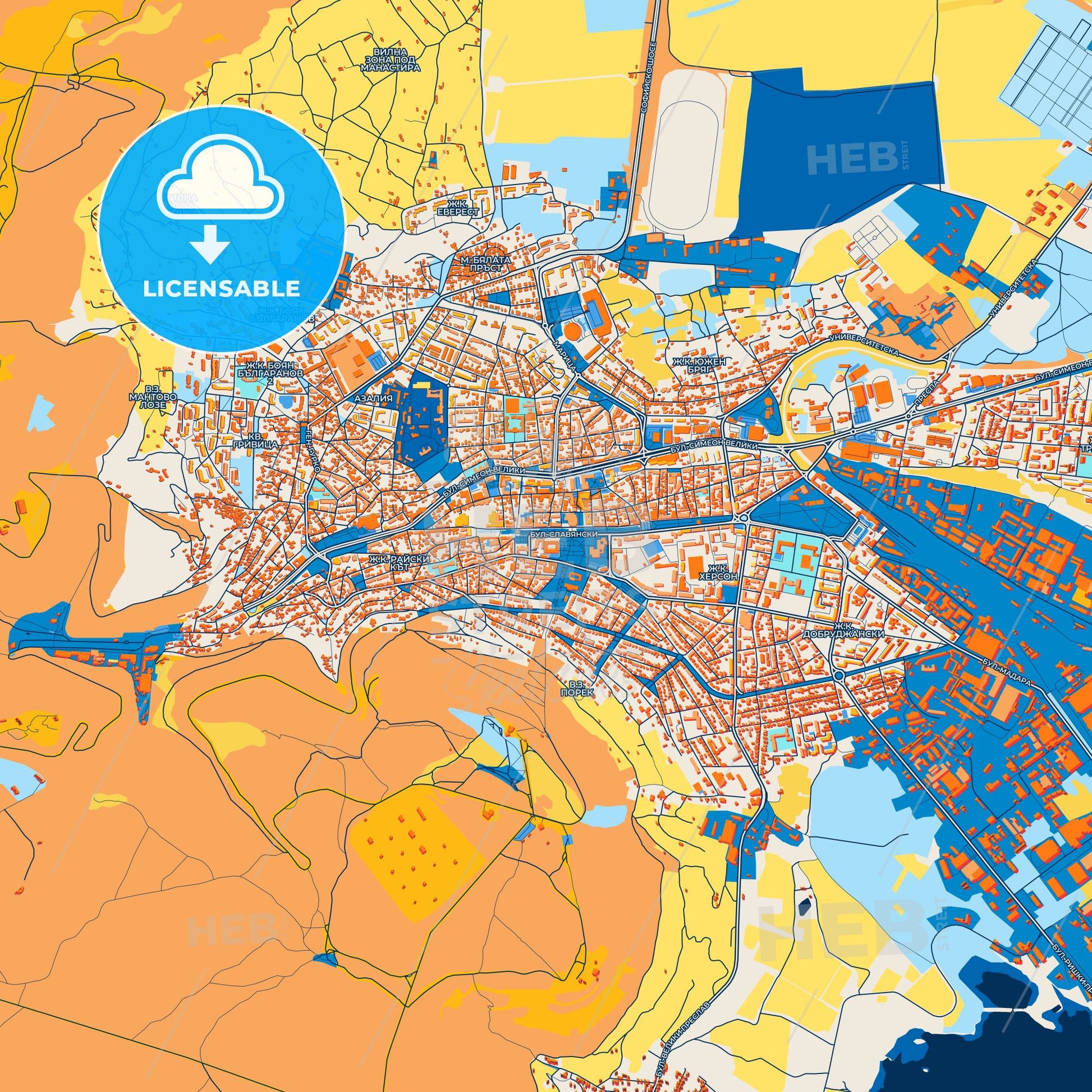 Colorful Shumen Street Map with Labels and Buildings