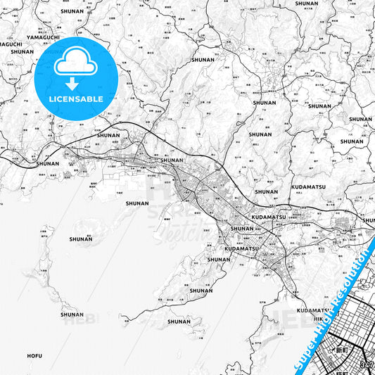 Shūnan, Japan light map with streetnames, citynames and districts
