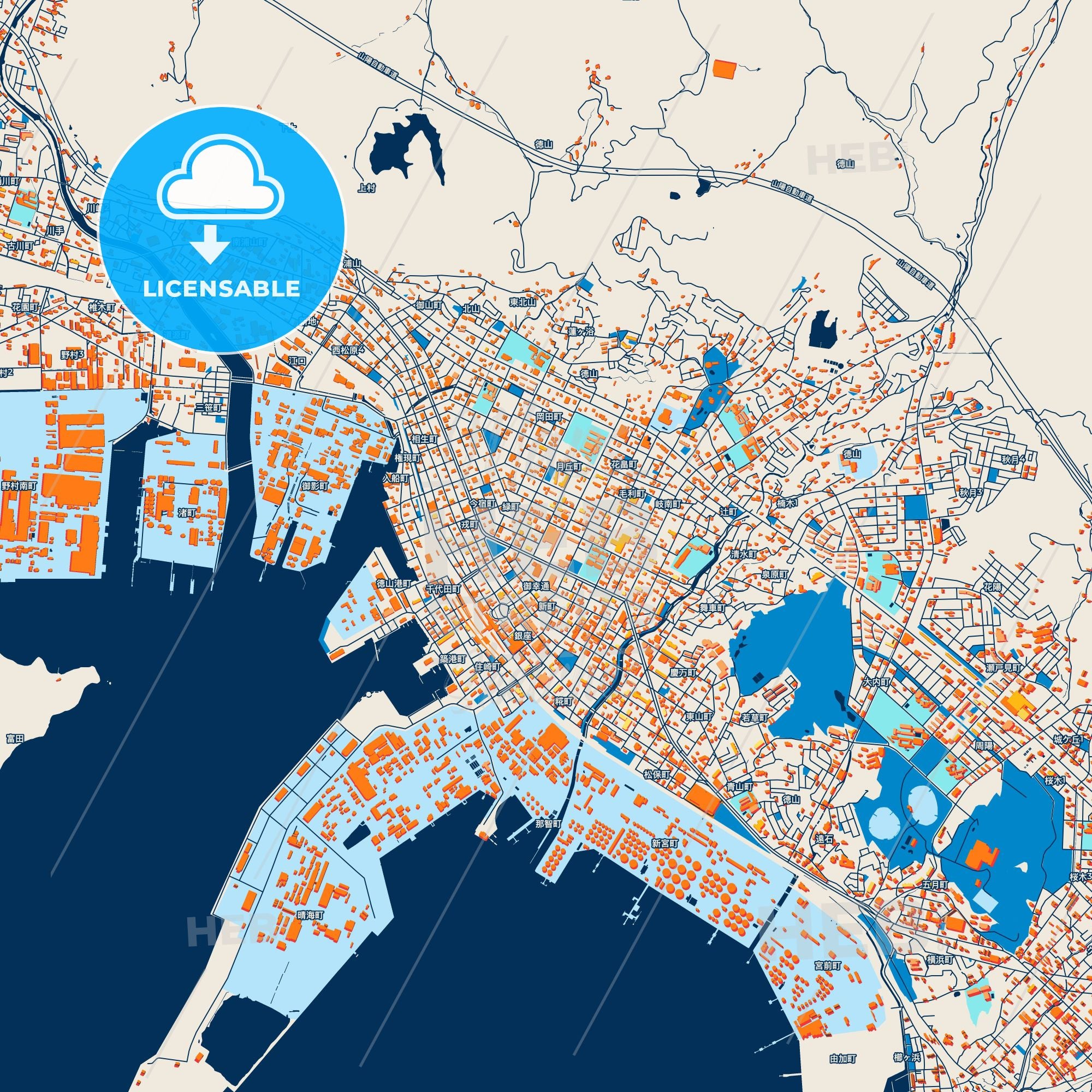 Colorful Shūnan Street Map With Labels And Buildings – HEBSTREITS
