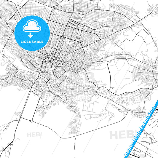 Shymkent, Kazakhstan light map with streetnames, citynames and districts