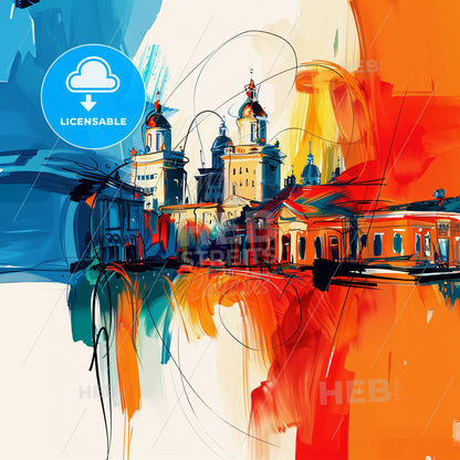 Vibrant Shymkent, Kazakhstan - A Painting Of A Building With A Colorful Background