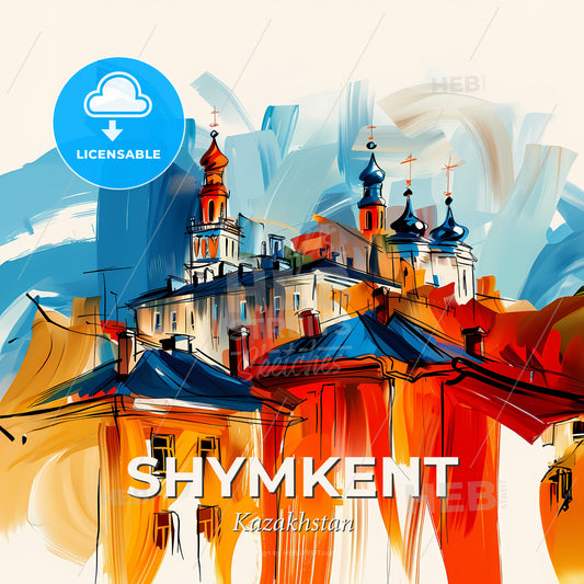 Vibrant Shymkent, Kazakhstan - A Painting Of A Building With A Tower - Square format print template