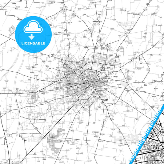 Sialkot, Pakistan light map with streetnames, citynames and districts