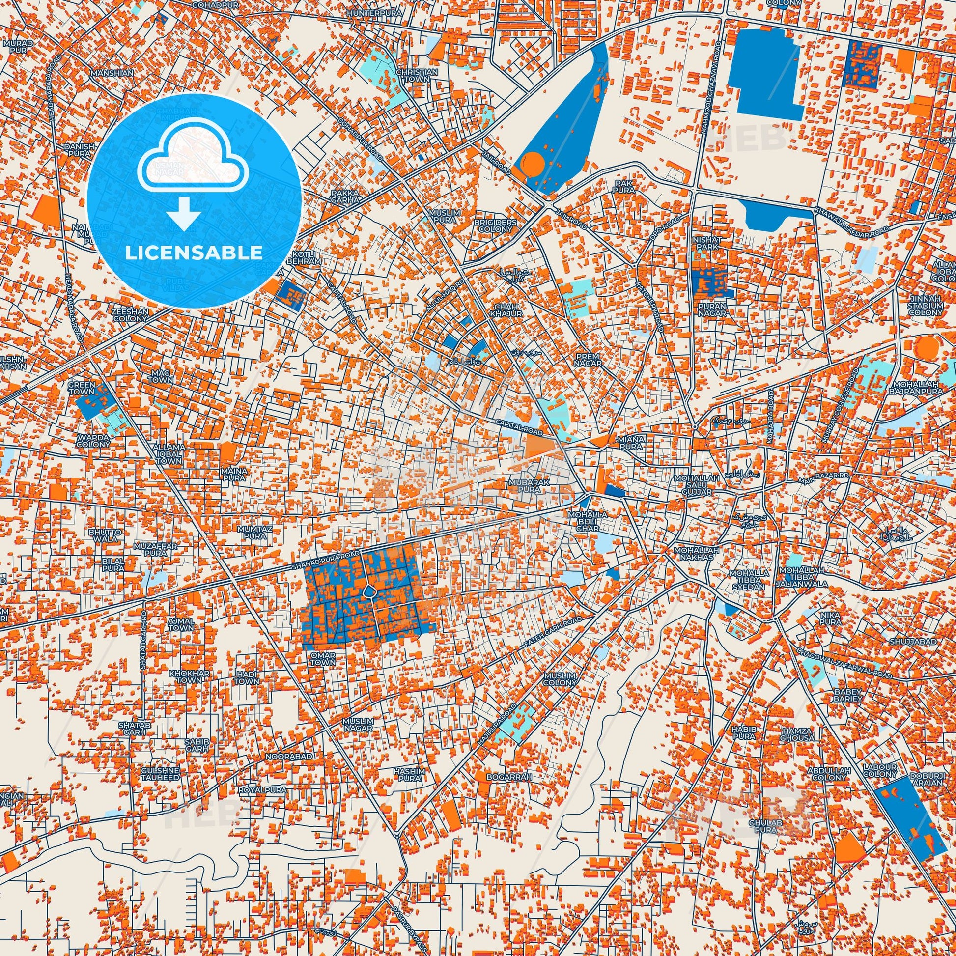 Colorful Sialkot Street Map with Labels and Buildings