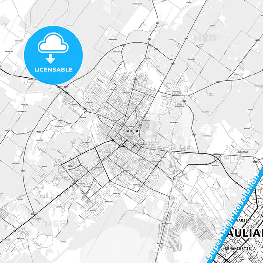 Šiauliai, Lithuania light map with streetnames, citynames and districts
