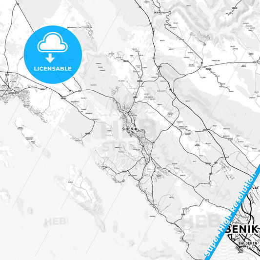 Šibenik, Croatia light map with streetnames, citynames and districts