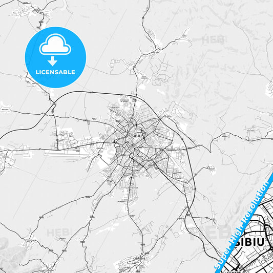 Sibiu, Romania light map with streetnames, citynames and districts