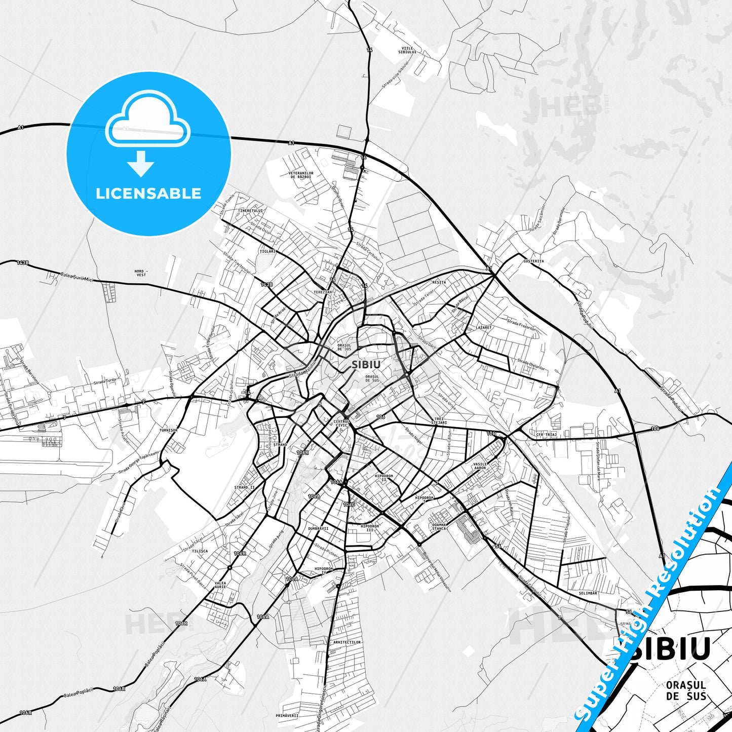 Sibiu, Romania Light Map with Street Names, City Names, and Districts