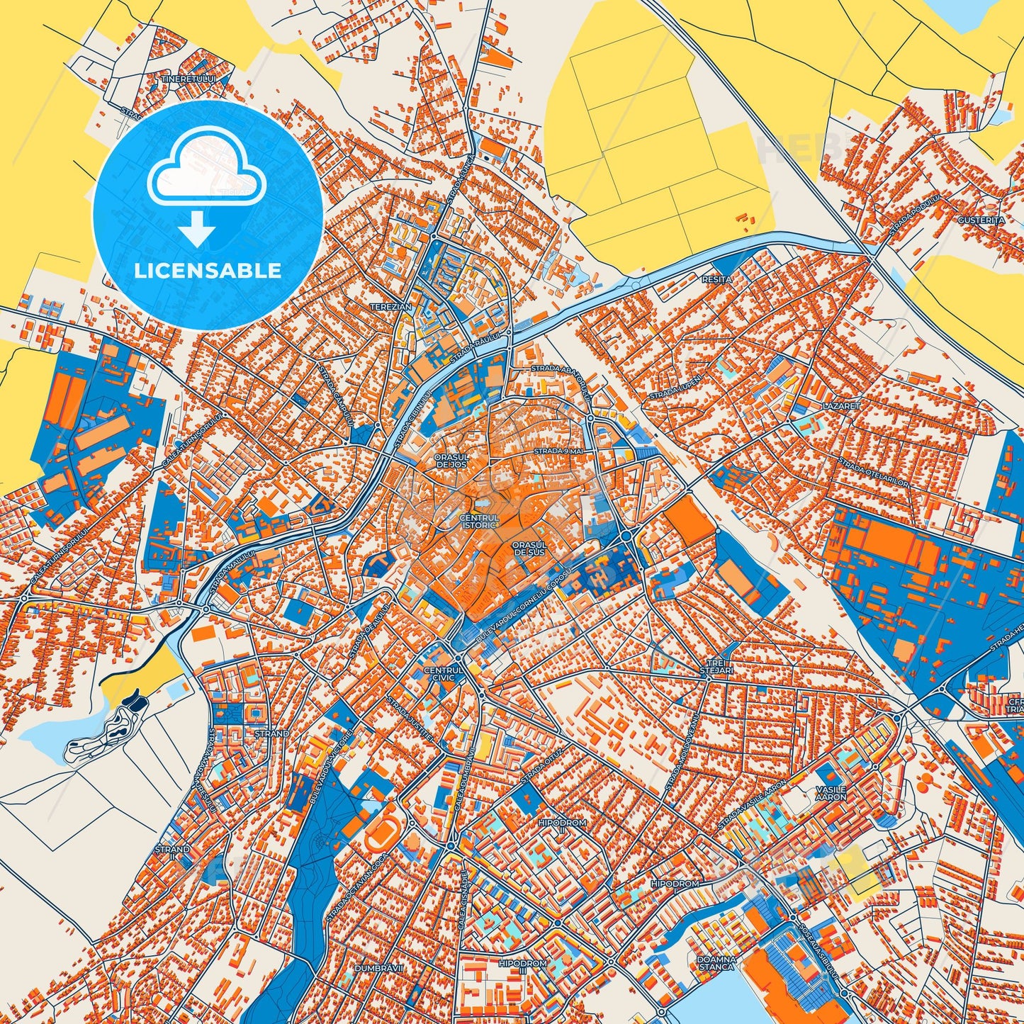 Colorful Sibiu Street Map with Labels and Buildings