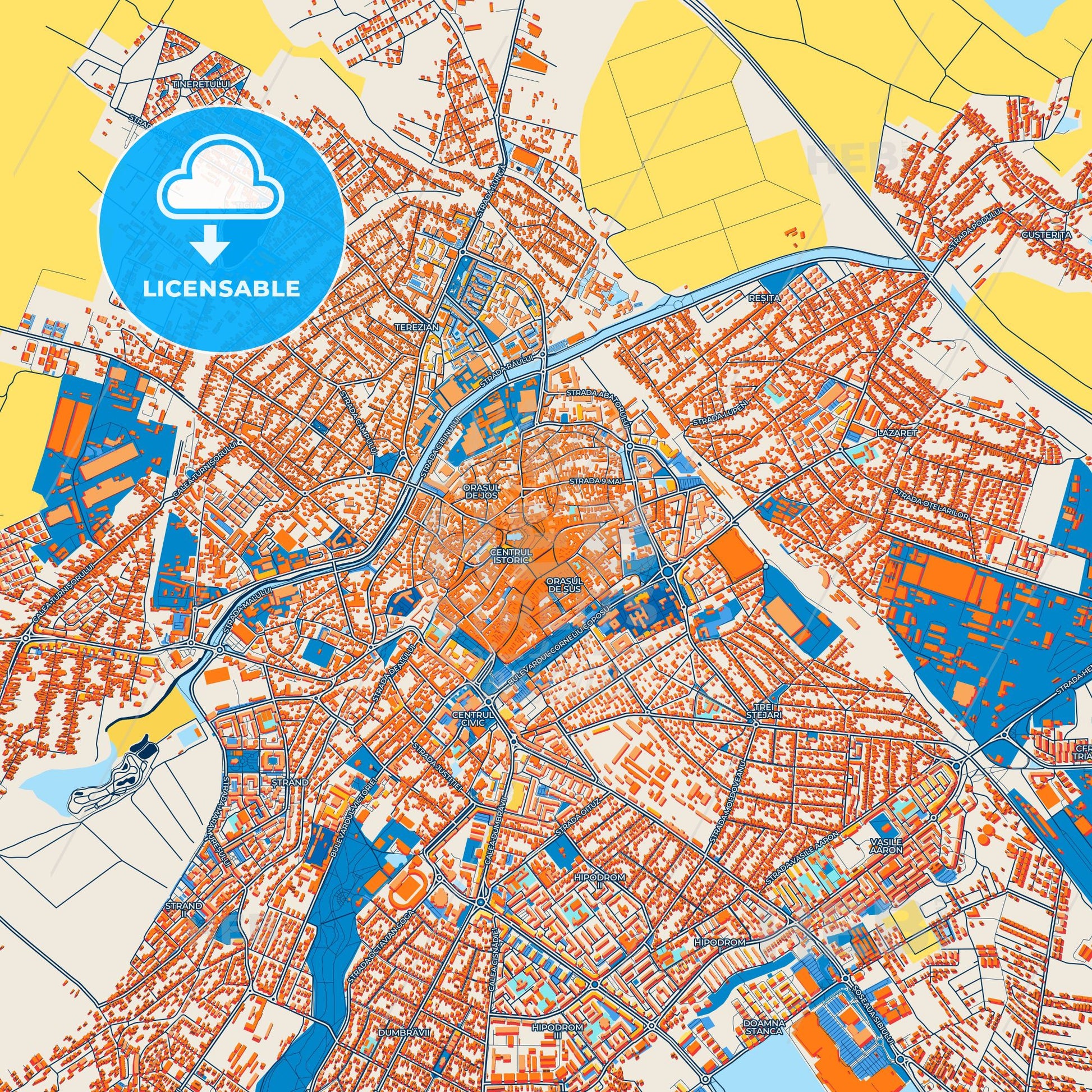 Colorful Sibiu Street Map with Labels and Buildings