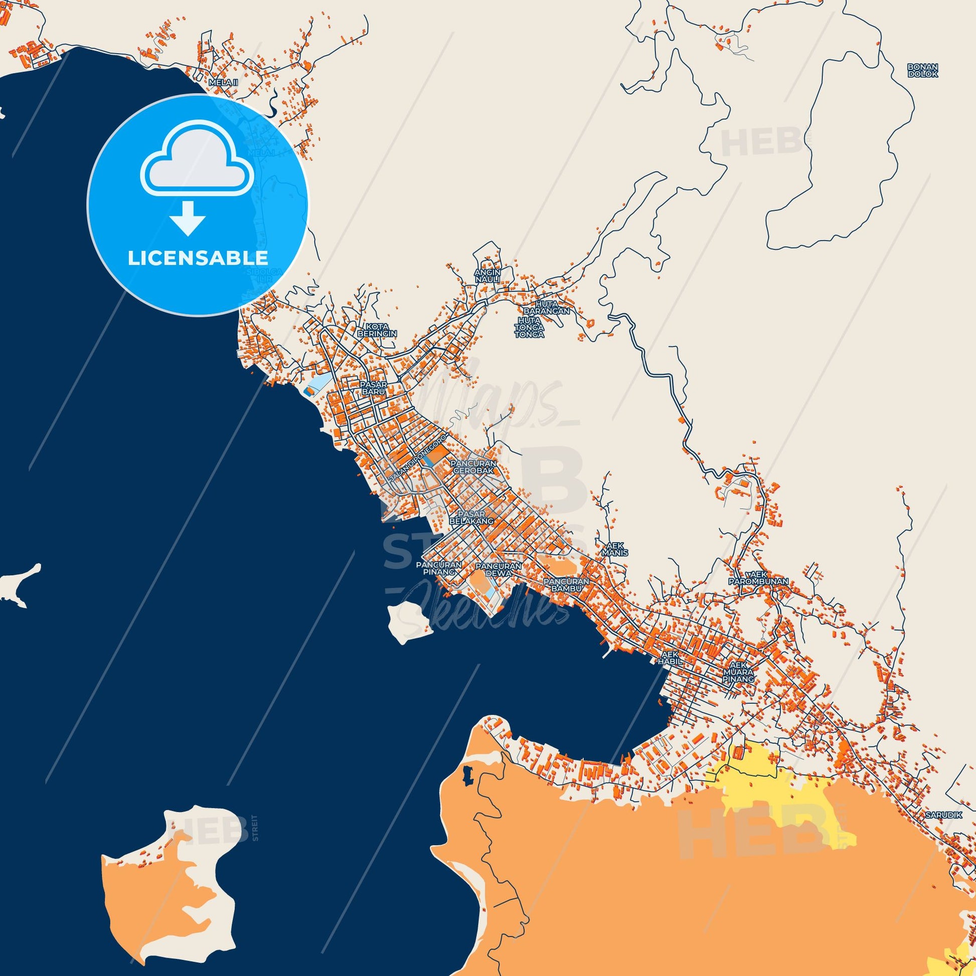 Colorful Sibolga Street Map with Labels and Buildings