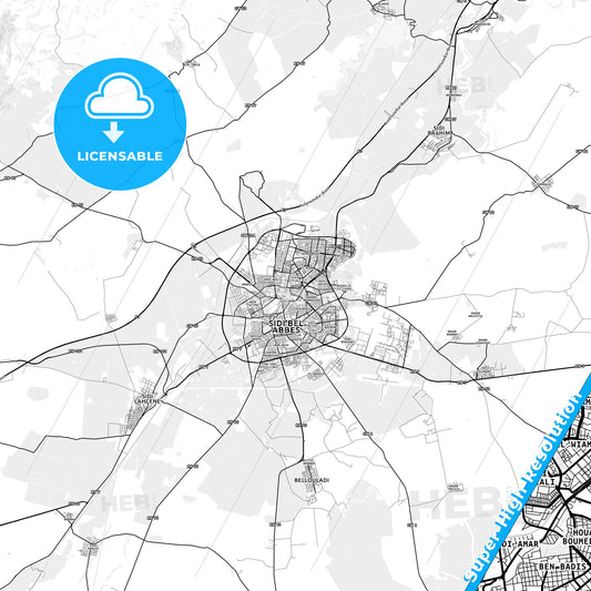 Sidi Bel Abbes, Algeria light map with streetnames, citynames and districts