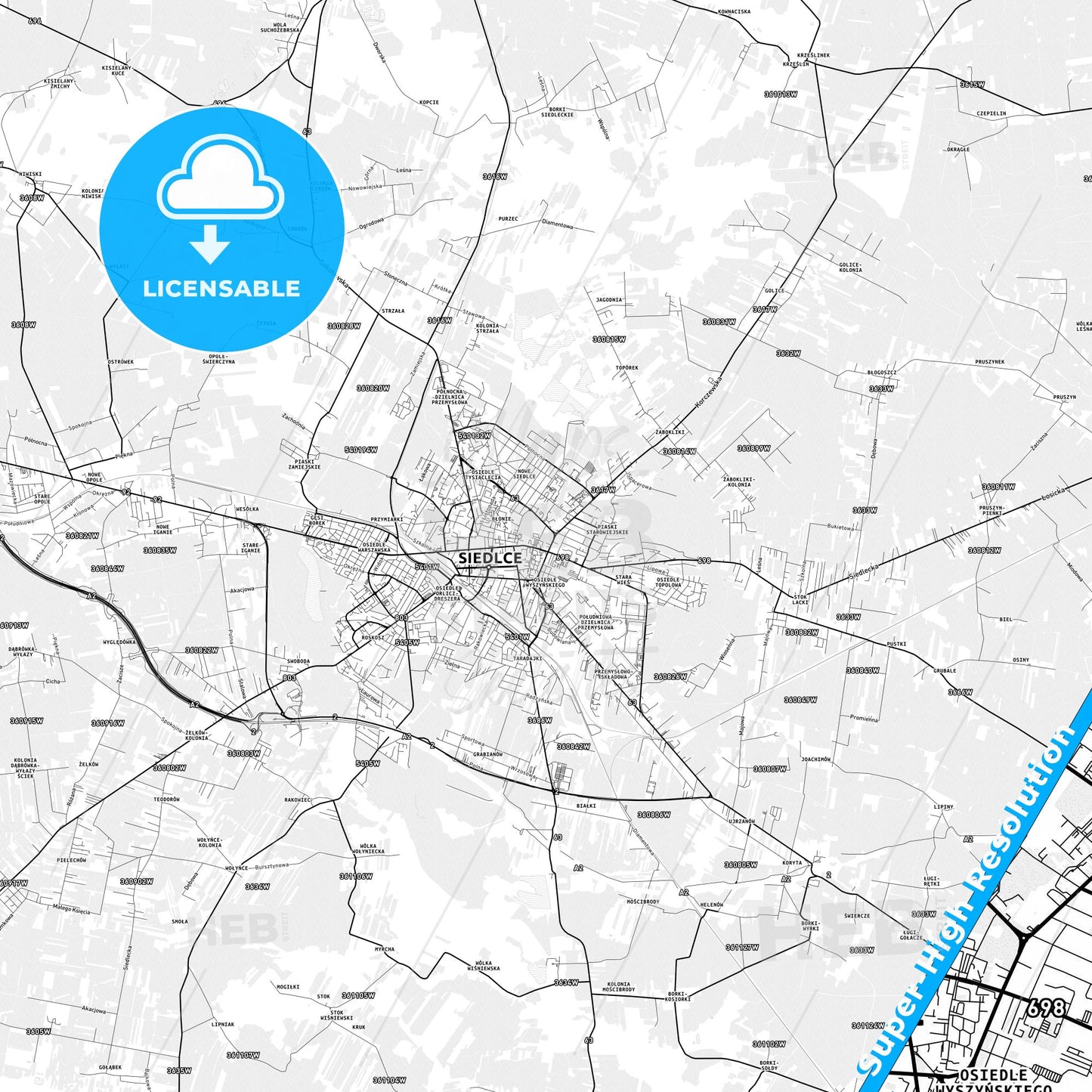Siedlce, Poland light map with streetnames, citynames and districts