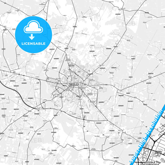 Siedlce, Poland light map with streetnames, citynames and districts