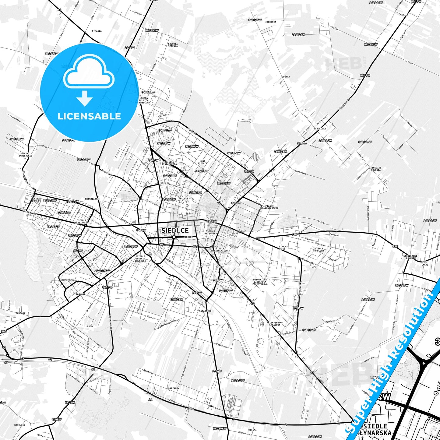 Siedlce, Poland Light Map with Street Names, City Names, and Districts