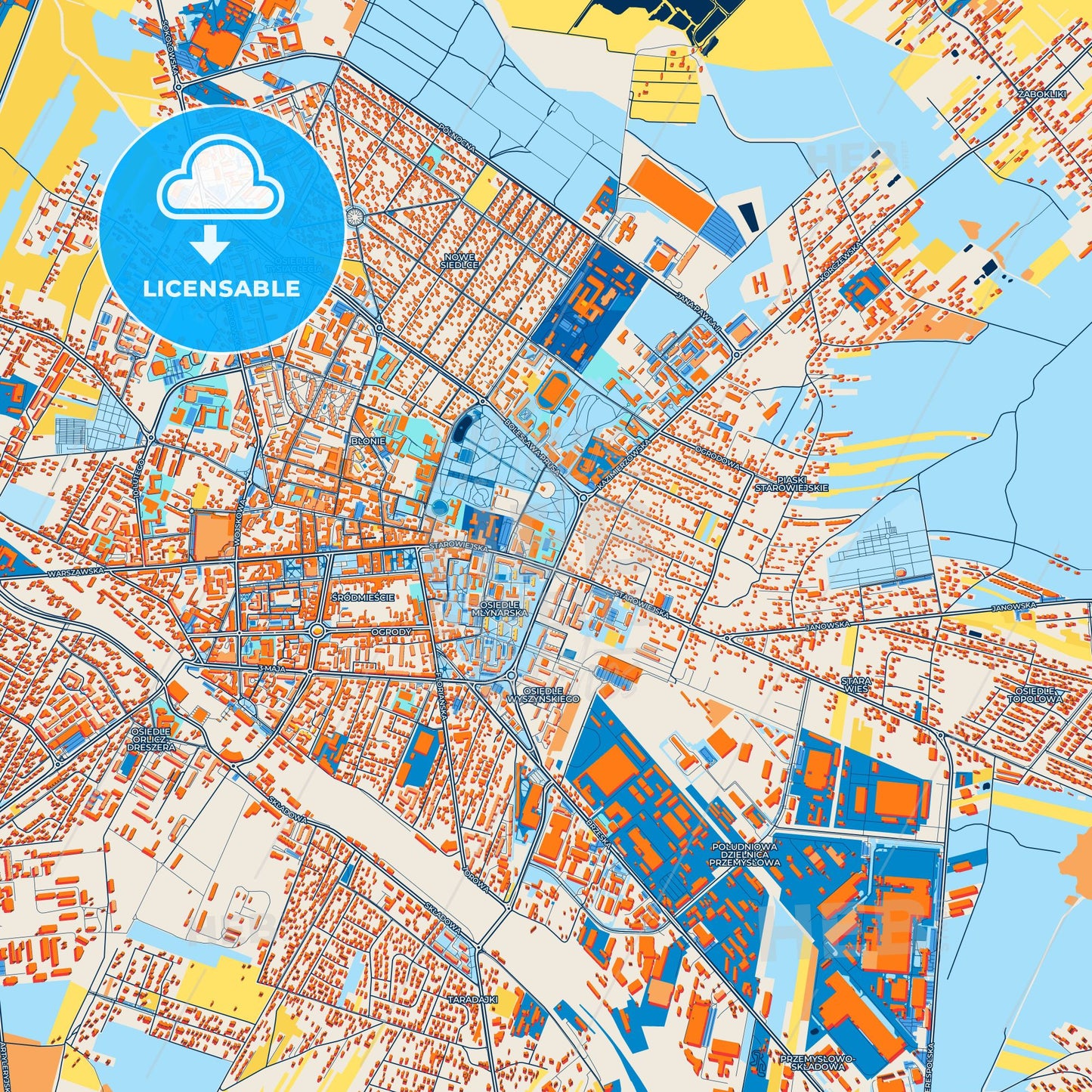 Colorful Siedlce Street Map with Labels and Buildings