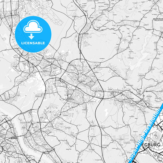 Siegburg, Germany light map with streetnames, citynames and districts