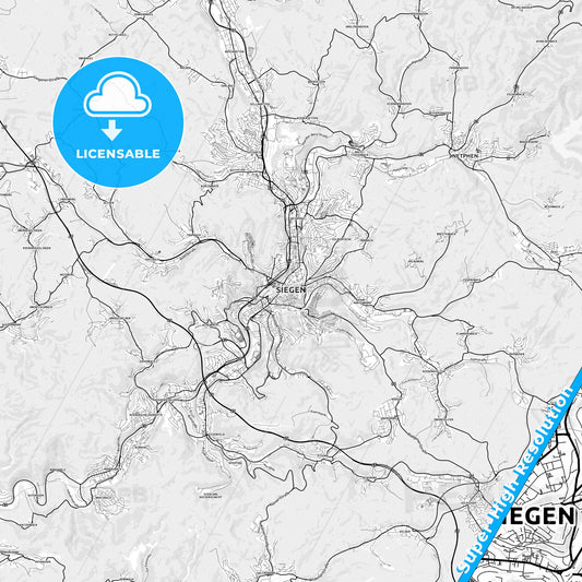 Siegen, Germany light map with streetnames, citynames and districts