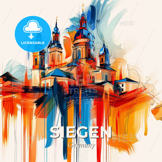 Vibrant Siegen, Germany - A Painting Of A Building With Towers - Square format print template