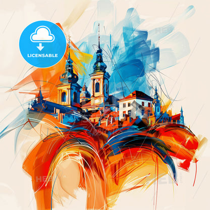 Vibrant Siegen, Germany - A Painting Of A Building With Towers And A Colorful Background