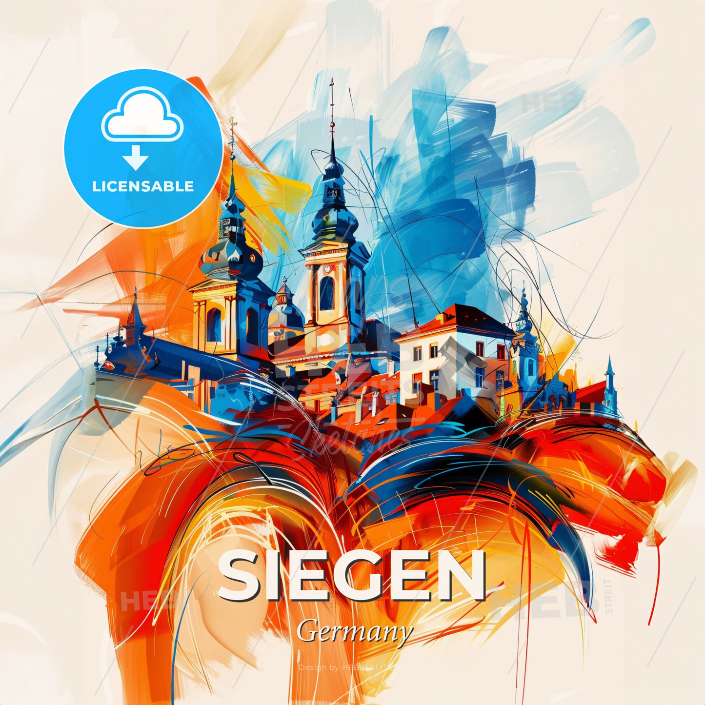 Vibrant Siegen, Germany - A Painting Of A Building With Towers And A Colorful Background - Square format print template