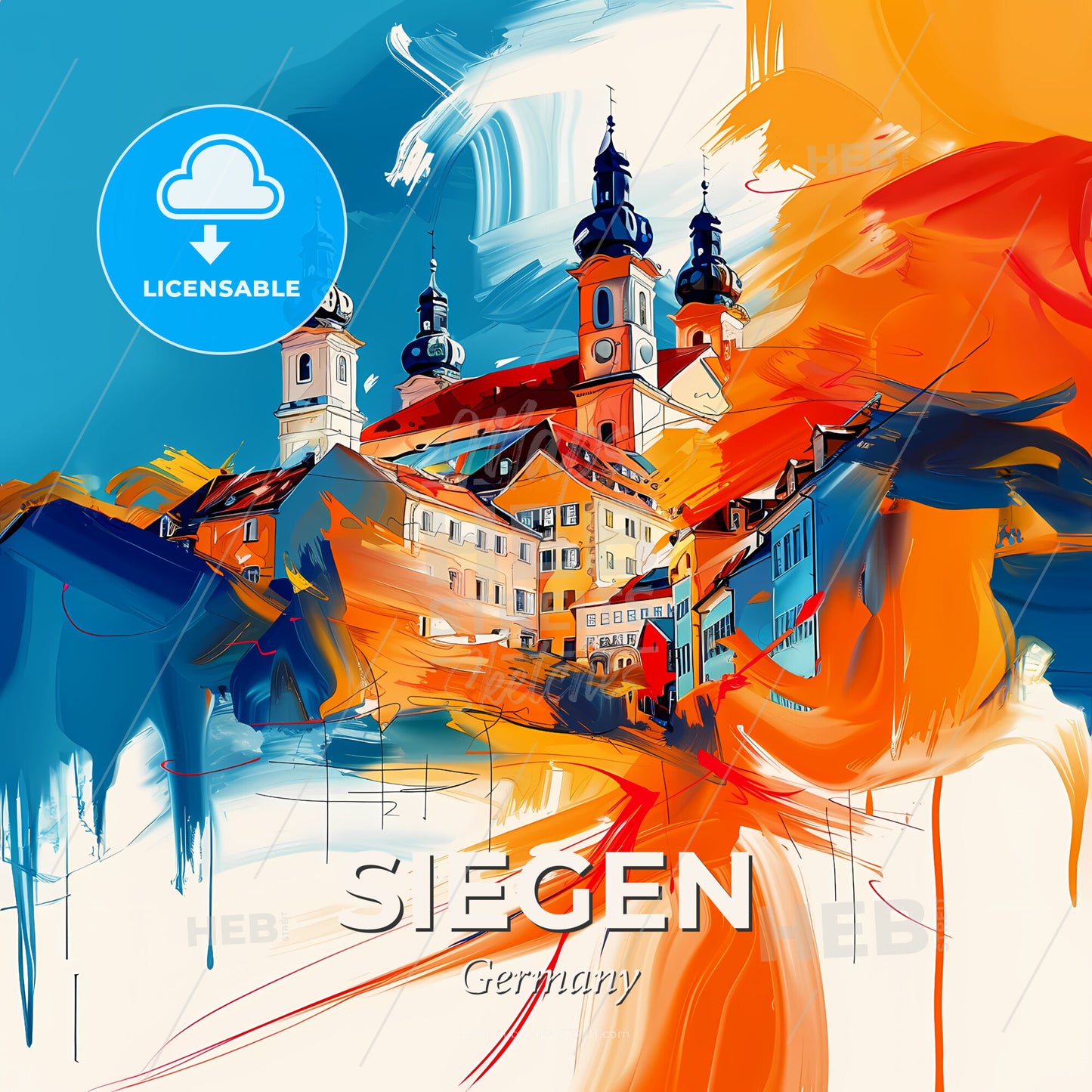 Vibrant Siegen, Germany - A Painting Of A Building With Towers And A Blue Sky - Square format print template